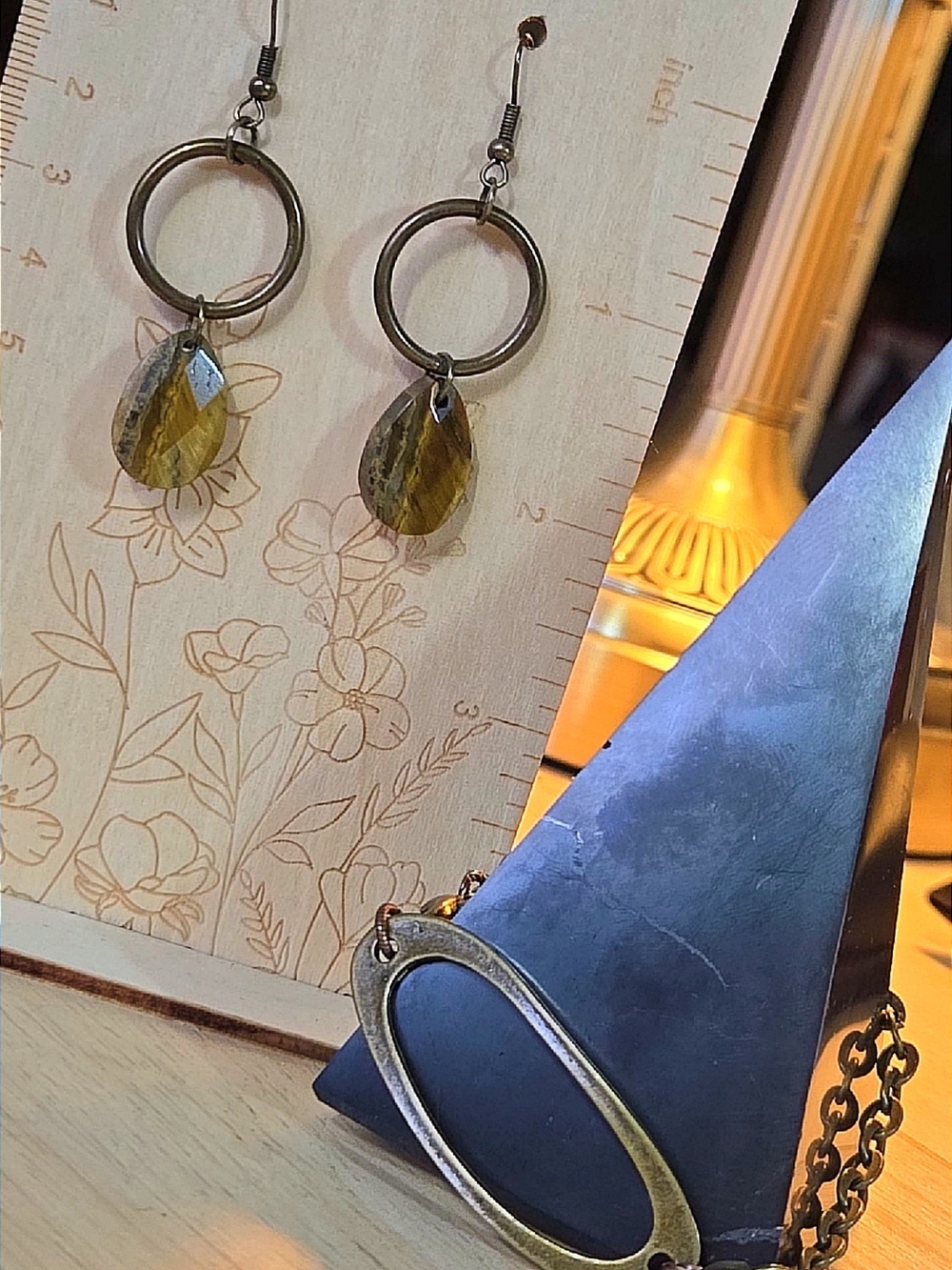 Antique Brass Style Hoop Earrings with Tigers Eye Teardrop Stones W Bracelet